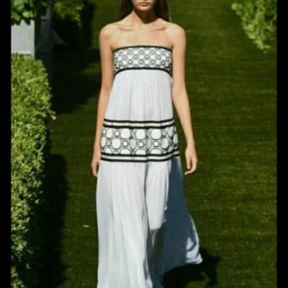 Tory Burch Christie Strapless Maxi Dress Size 4 White Black Silk Runway NWT - Picture 2 of 13